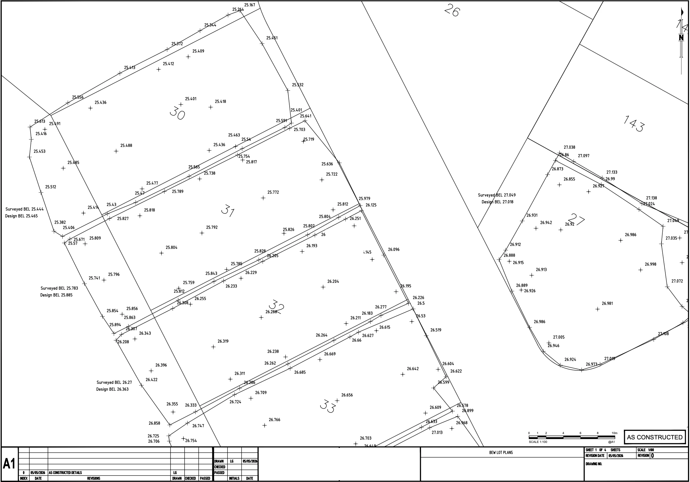 Civil drafting example showing surveyed lot levels