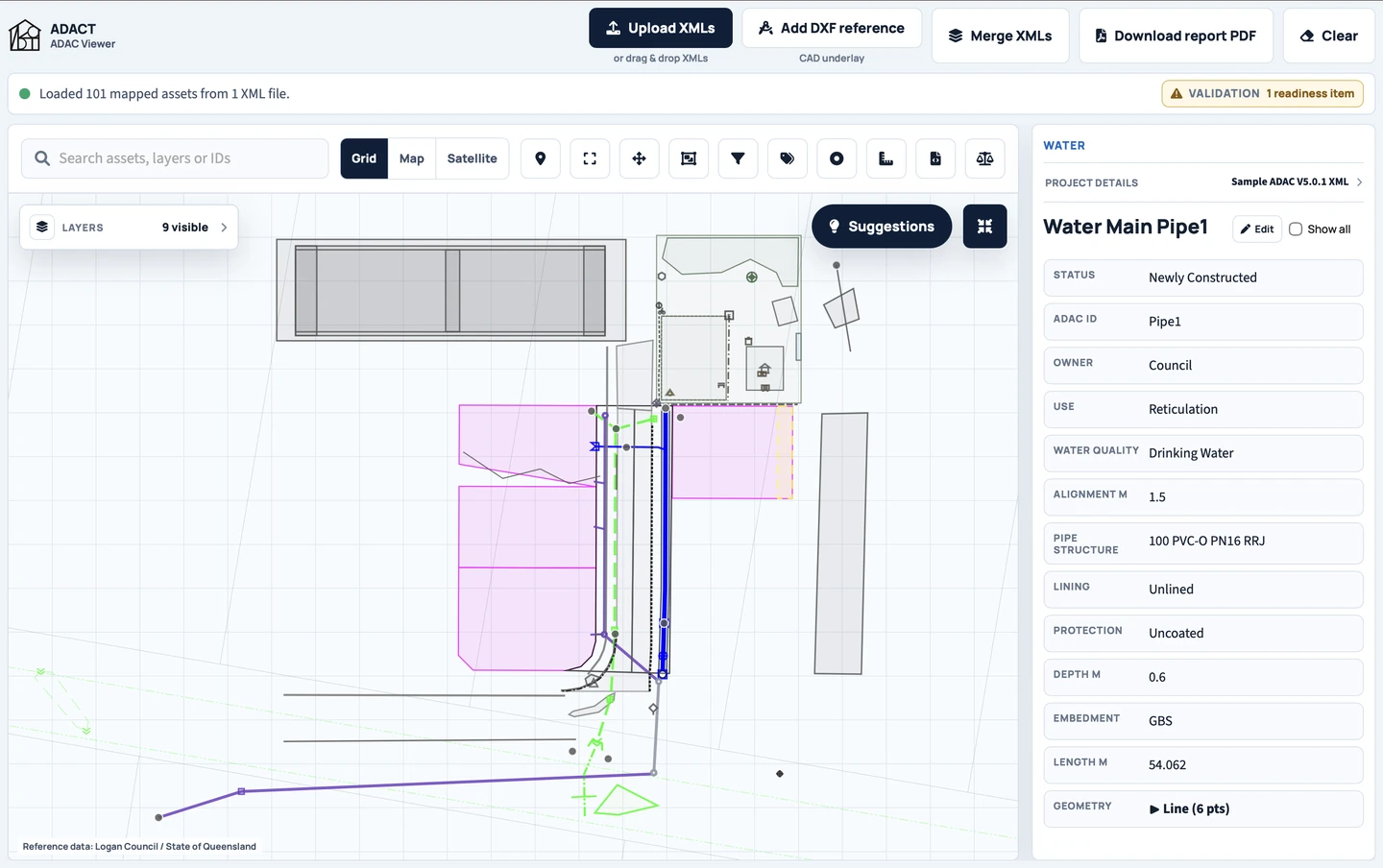 ADACT ADAC Viewer showing sample civil assets and water main information