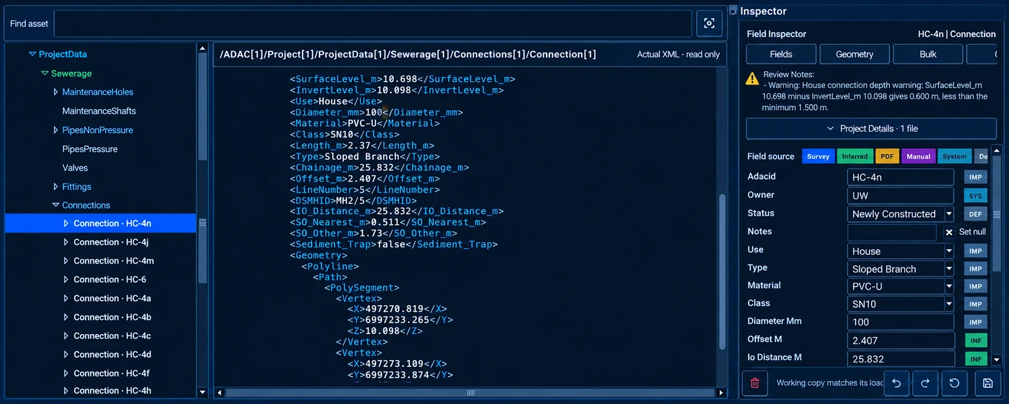 ADACT XML review interface showing sewer connection data and the field inspector